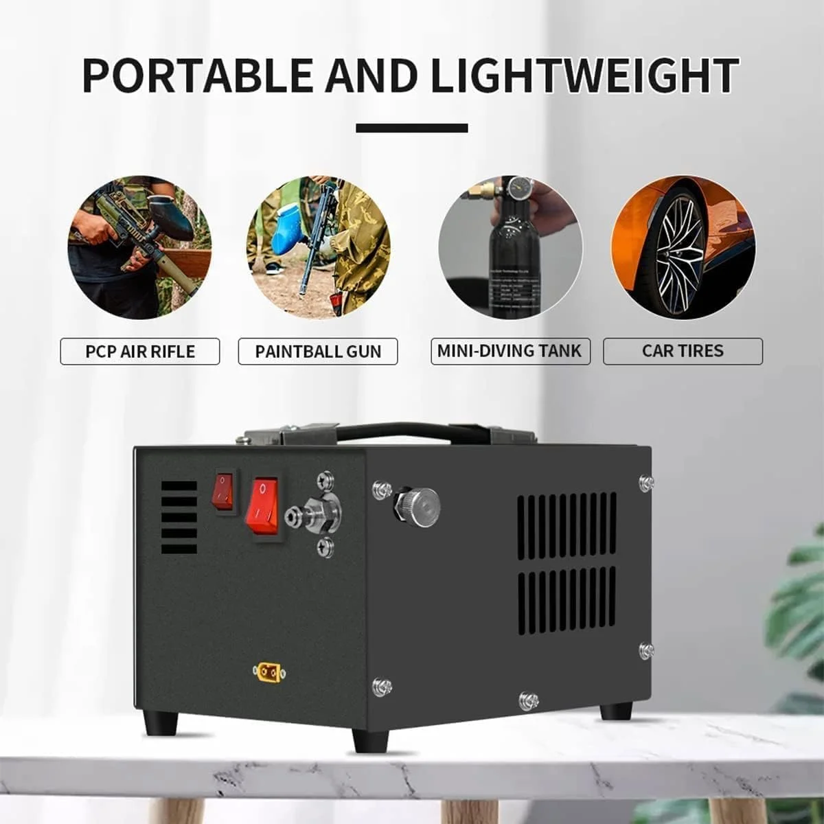 کمپرسور هوای قابل حمل PCP، پمپ فشار قوی 4500Psi، دارای فیلتر جداکننده آب و روغن داخلی، تغذیه از طریق برق 12 ولت DC خودرو یا 220 ولت AC خانگی، پمپ کمپرسور مخزن غواصی برای تفنگ های بادی PCP