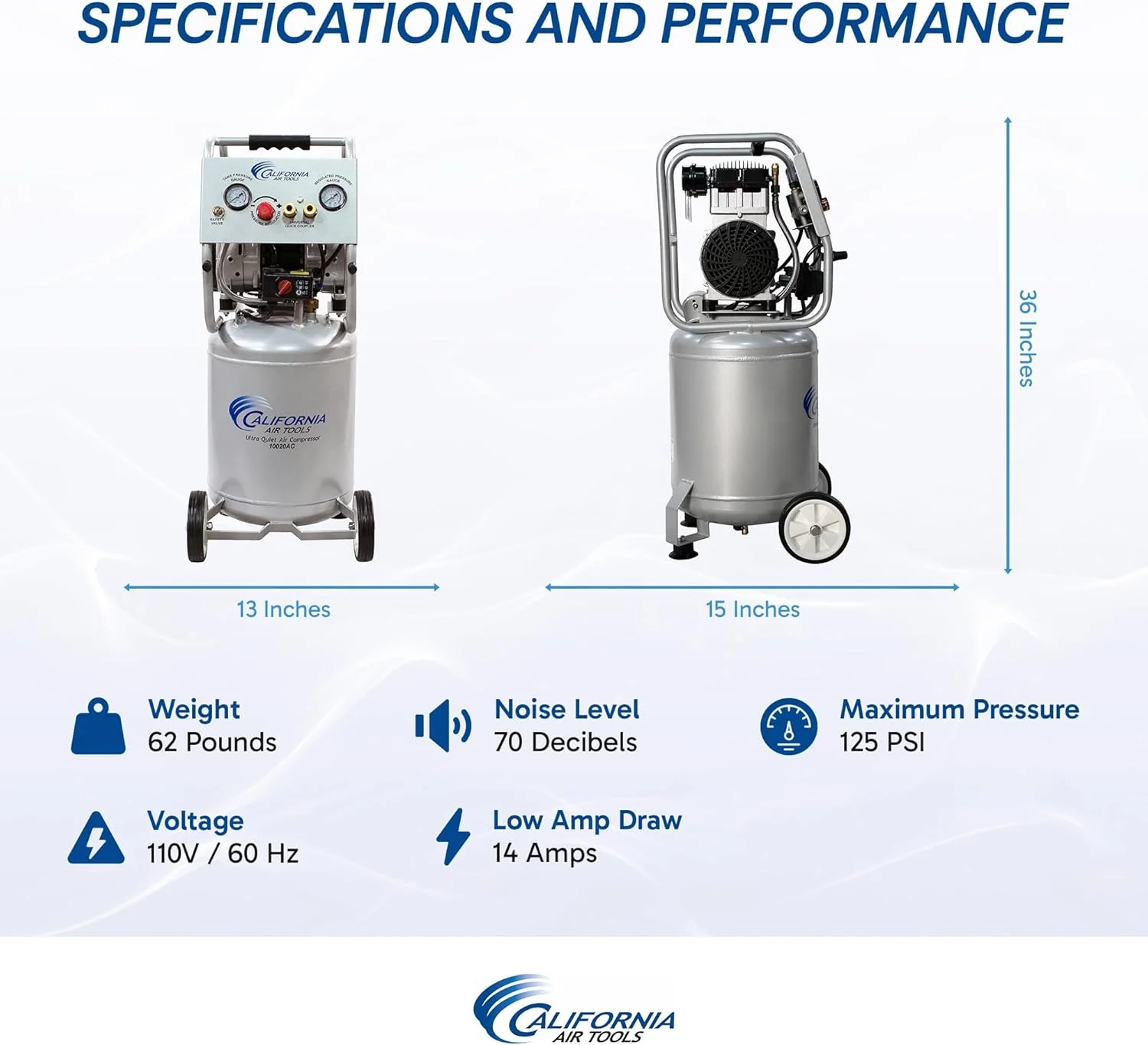 کمپرسور هوا کالیفرنیا ایر تولز مدل 10020AC فوق العاده بی صدا و بدون روغن، 2.0 اسب بخار، مخزن آلومینیومی 10.0 گالن