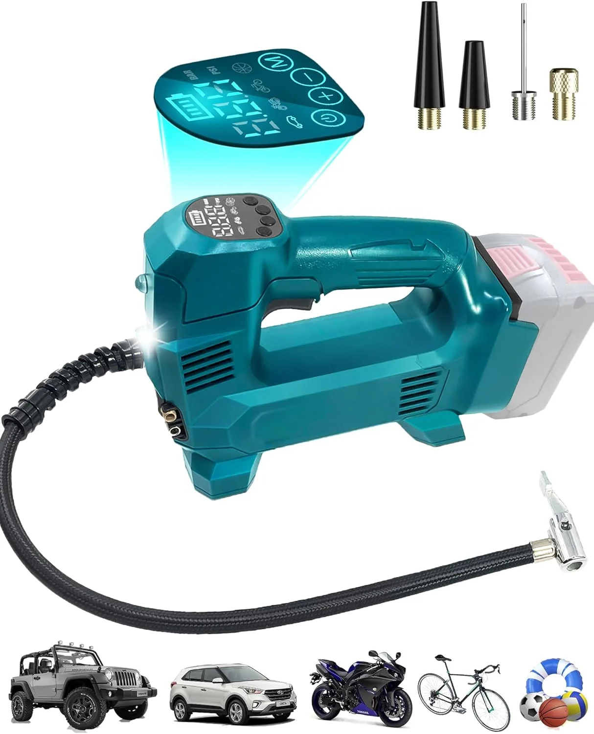 کمپرسور باد BAT20TL برای باتری بوش، کمپرسور 150 PSI با نمایشگر دیجیتال، پمپ باد قابل حمل برای باتری 18 ولت GBA بوش مناسب برای خودرو، موتورسیکلت، دوچرخه، توپ های ورزشی