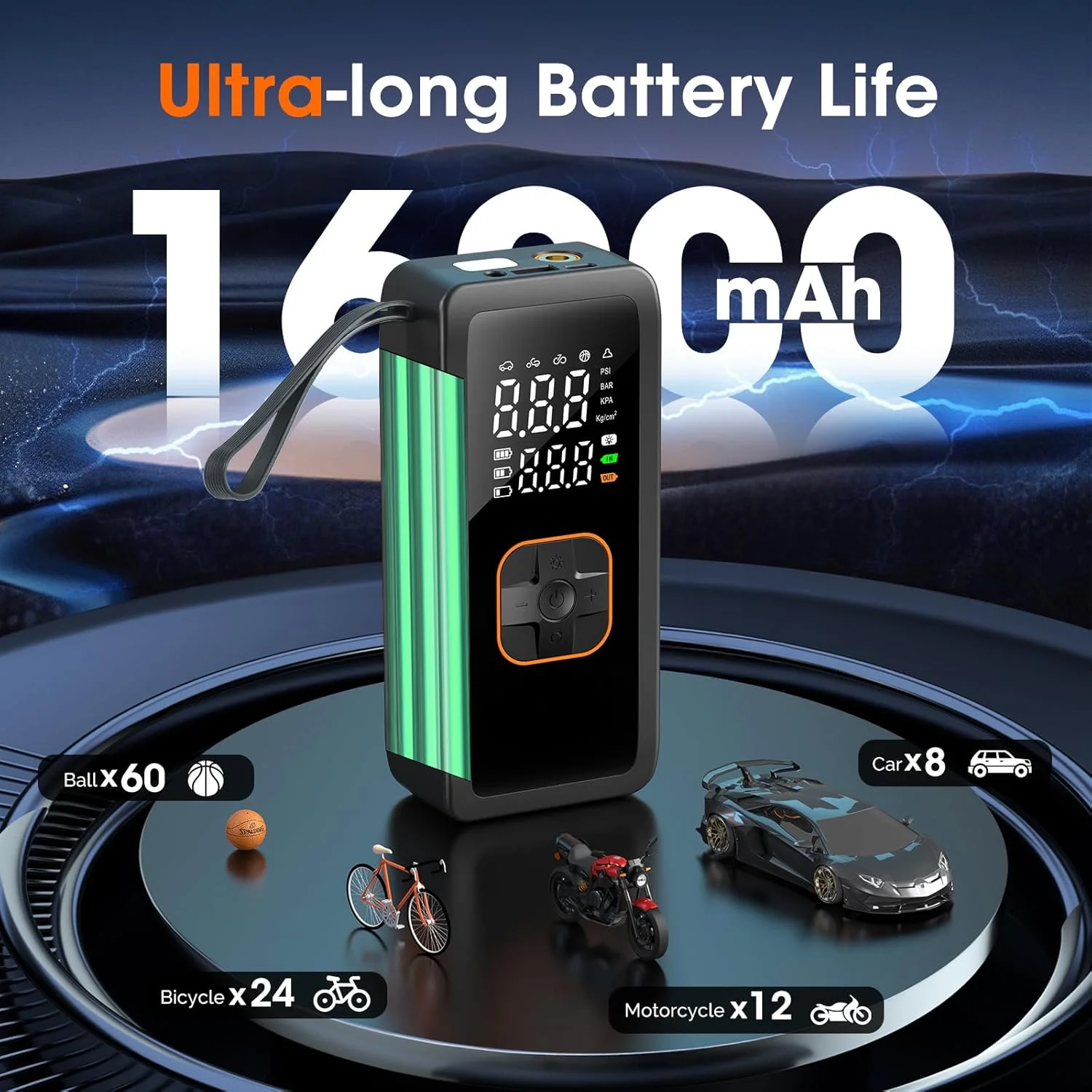 پمپ باد قابل حمل برای تایر خودرو، کمپرسور هوا 5 برابر سریعتر، پمپ باد مسافرتی بی سیم 150PSI با فشارسنج دیجیتال برای خودرو، تایر دوچرخه و موتور سیکلت، توپ