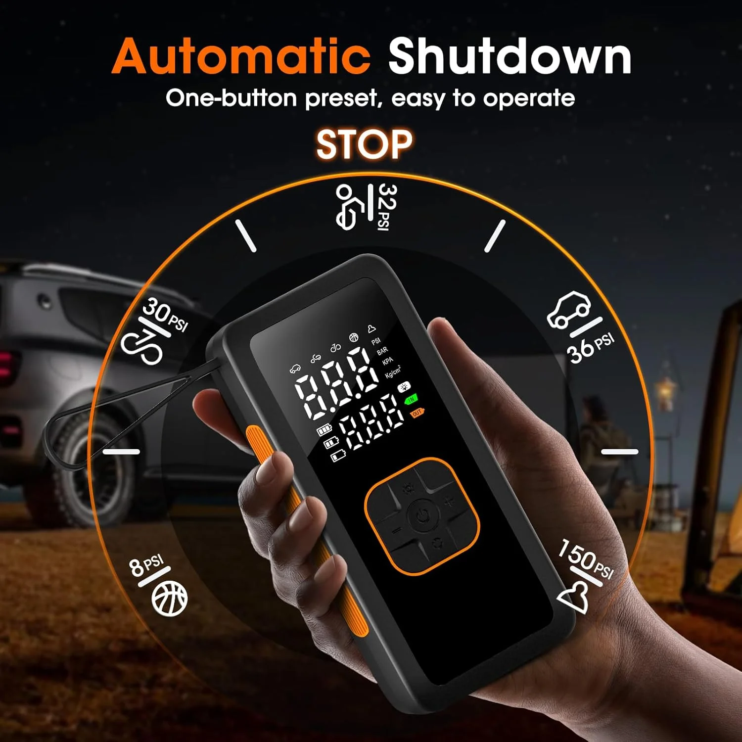 پمپ باد قابل حمل برای تایر خودرو، کمپرسور هوا 5 برابر سریعتر، پمپ باد مسافرتی بی سیم 150PSI با فشارسنج دیجیتال برای خودرو، تایر دوچرخه و موتور سیکلت، توپ