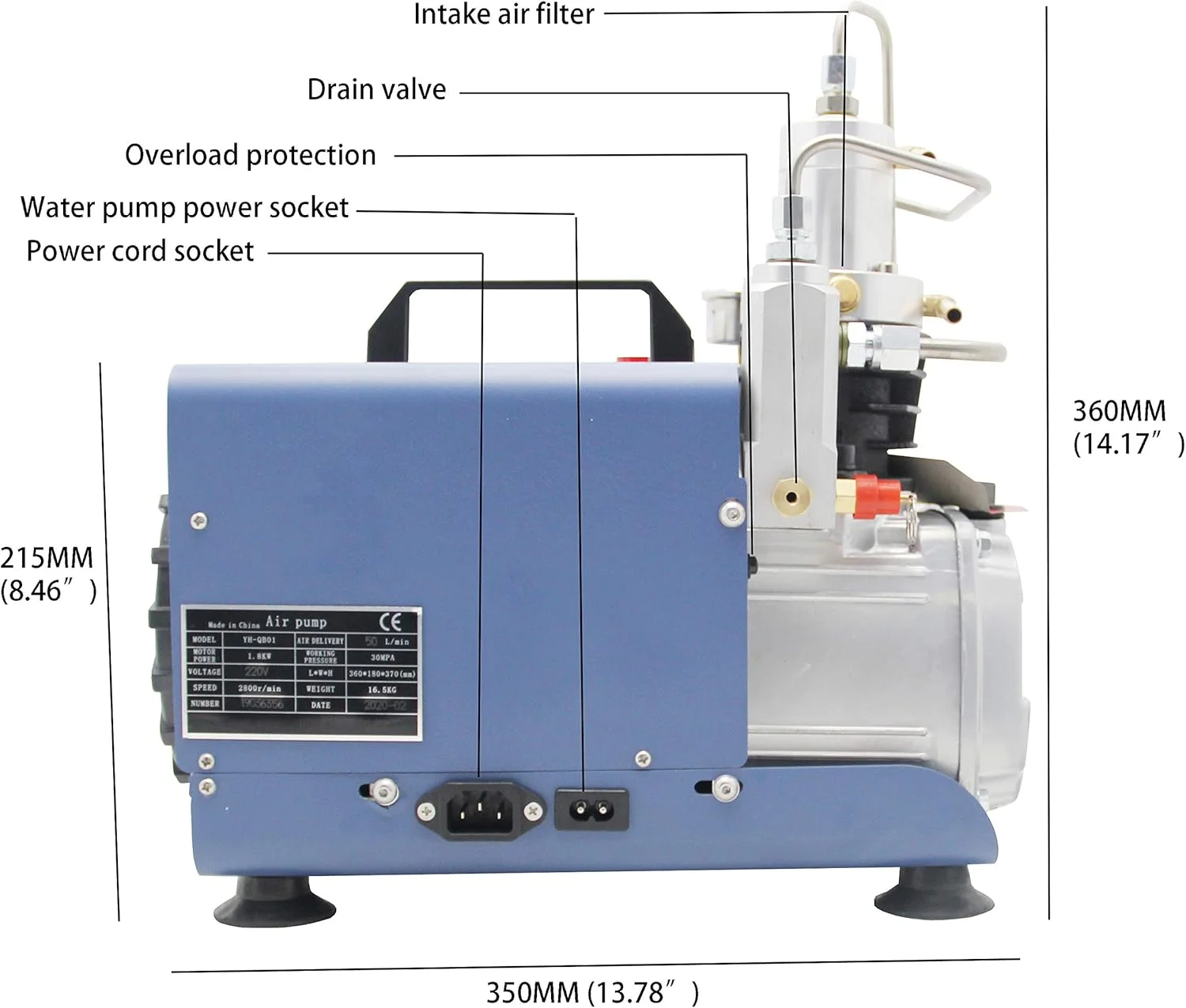 پمپ هوای فشار قوی WWART 300BAR 30MPA 4500PSI کمپرسور هوای برقی PCP برای غواصی، آتش نشانی، پینت بال و تیراندازی PCP (نسخه تنظیم فشار)