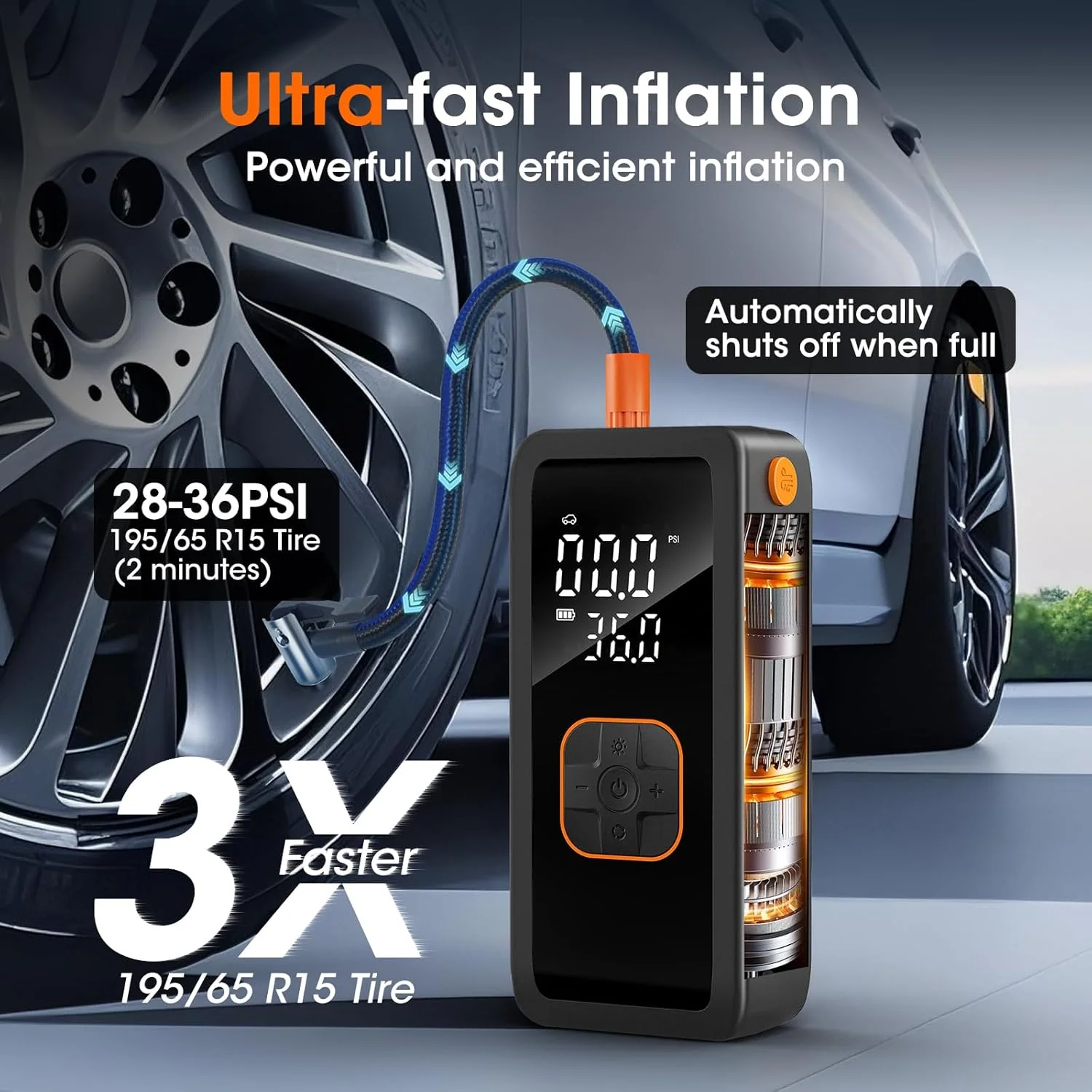پمپ باد قابل حمل برای تایر خودرو، کمپرسور هوا 5 برابر سریعتر، پمپ باد مسافرتی بی سیم 150PSI با فشارسنج دیجیتال برای خودرو، تایر دوچرخه و موتور سیکلت، توپ