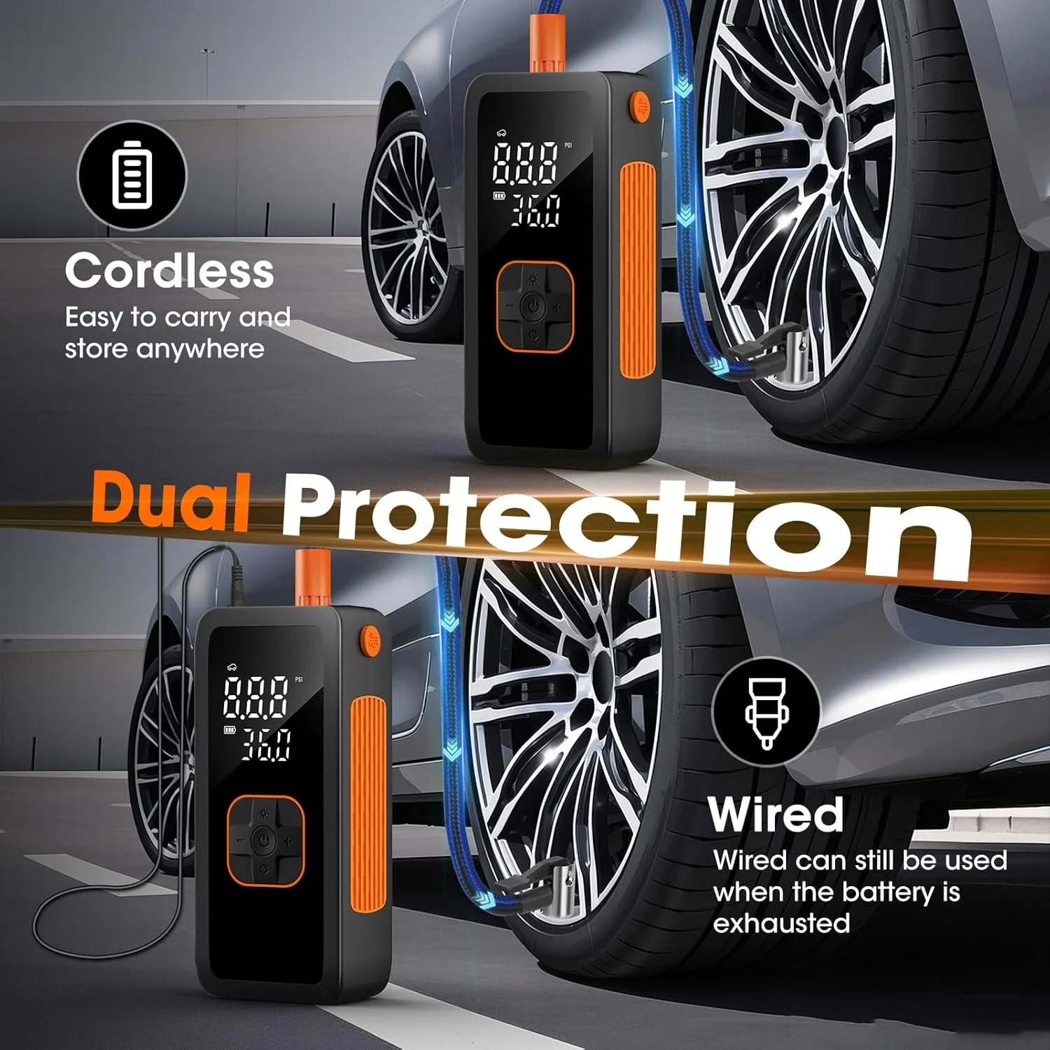 پمپ باد قابل حمل برای تایر خودرو، کمپرسور هوا 5 برابر سریعتر، پمپ باد مسافرتی بی سیم 150PSI با فشارسنج دیجیتال برای خودرو، تایر دوچرخه و موتور سیکلت، توپ