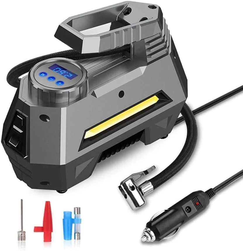 پمپ باد قابل حمل - پمپ تایر خودرو با فشارسنج دیجیتال (150 Psi 12V Dc)، نمایشگر LED، چراغ قوه اضطراری روشن