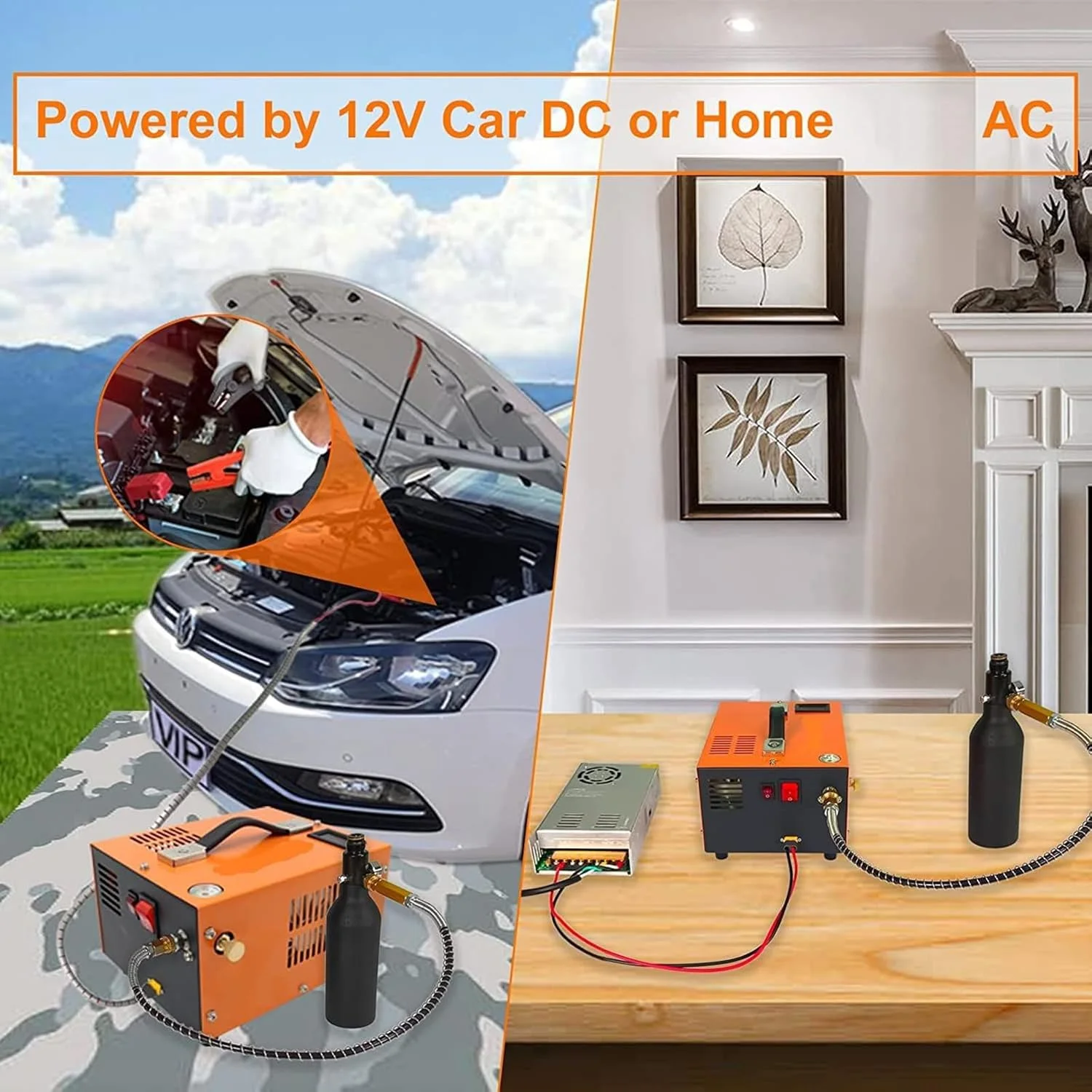 کمپرسور هوای PCP 12 ولت یا 110 ولت - 240 ولت، 4500 PSI / 300 BAR با نشانگر فشار و توقف خودکار، پمپ کمپرسور هوای برقی فشار قوی 30 مگاپاسکال برای تفنگ بادی، پینت بال و غواصی