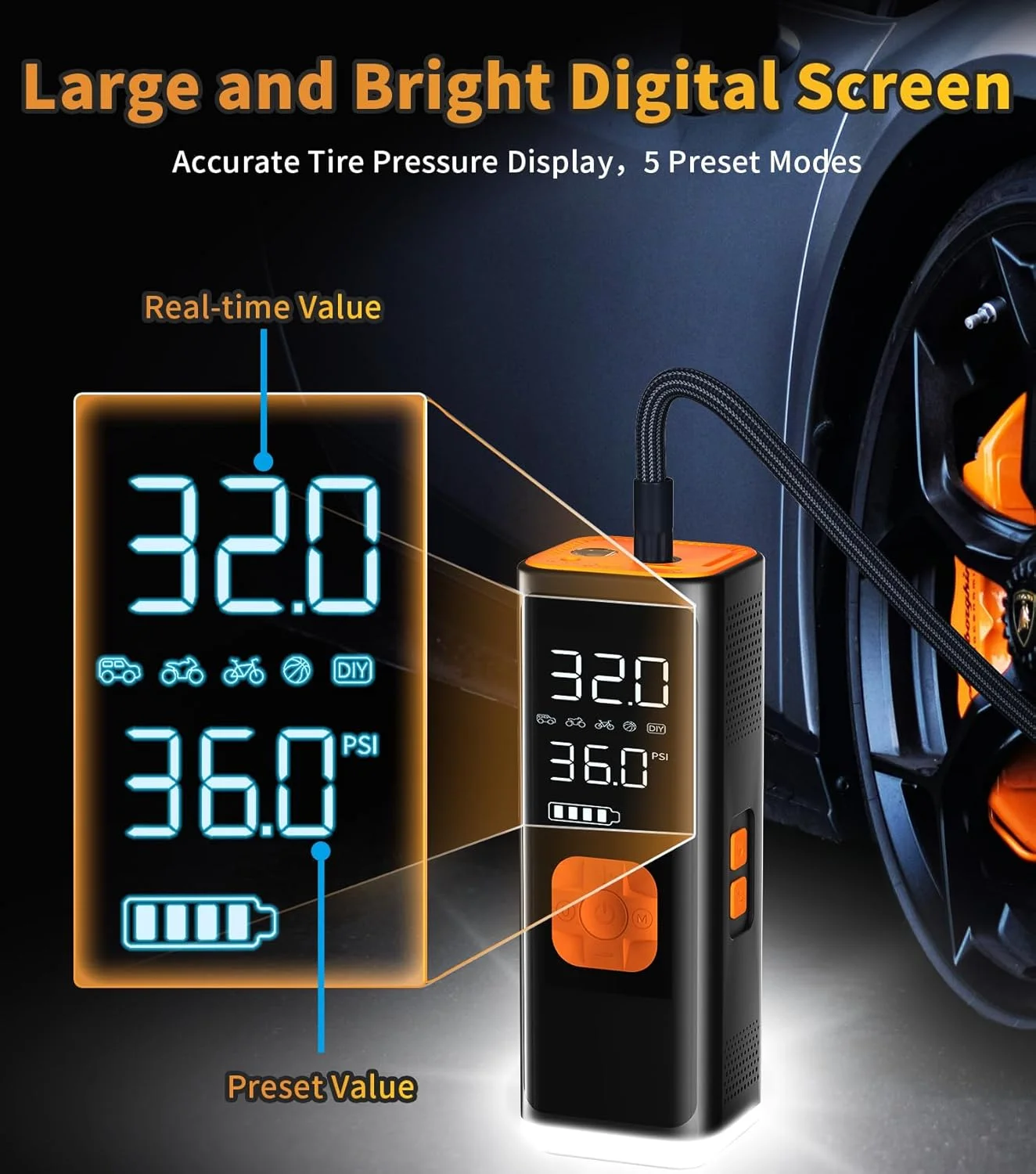 کمپرسور هوای قابل حمل برای باد کردن تایر، پمپ هوای 12 ولت DC برای تایرهای خودرو، کمپرسور هوای قابل حمل 150PSI با فشارسنج/چراغ LED، کمپرسور باد قابل حمل 20000MAH برای خودرو، موتور، دوچرخه، توپ