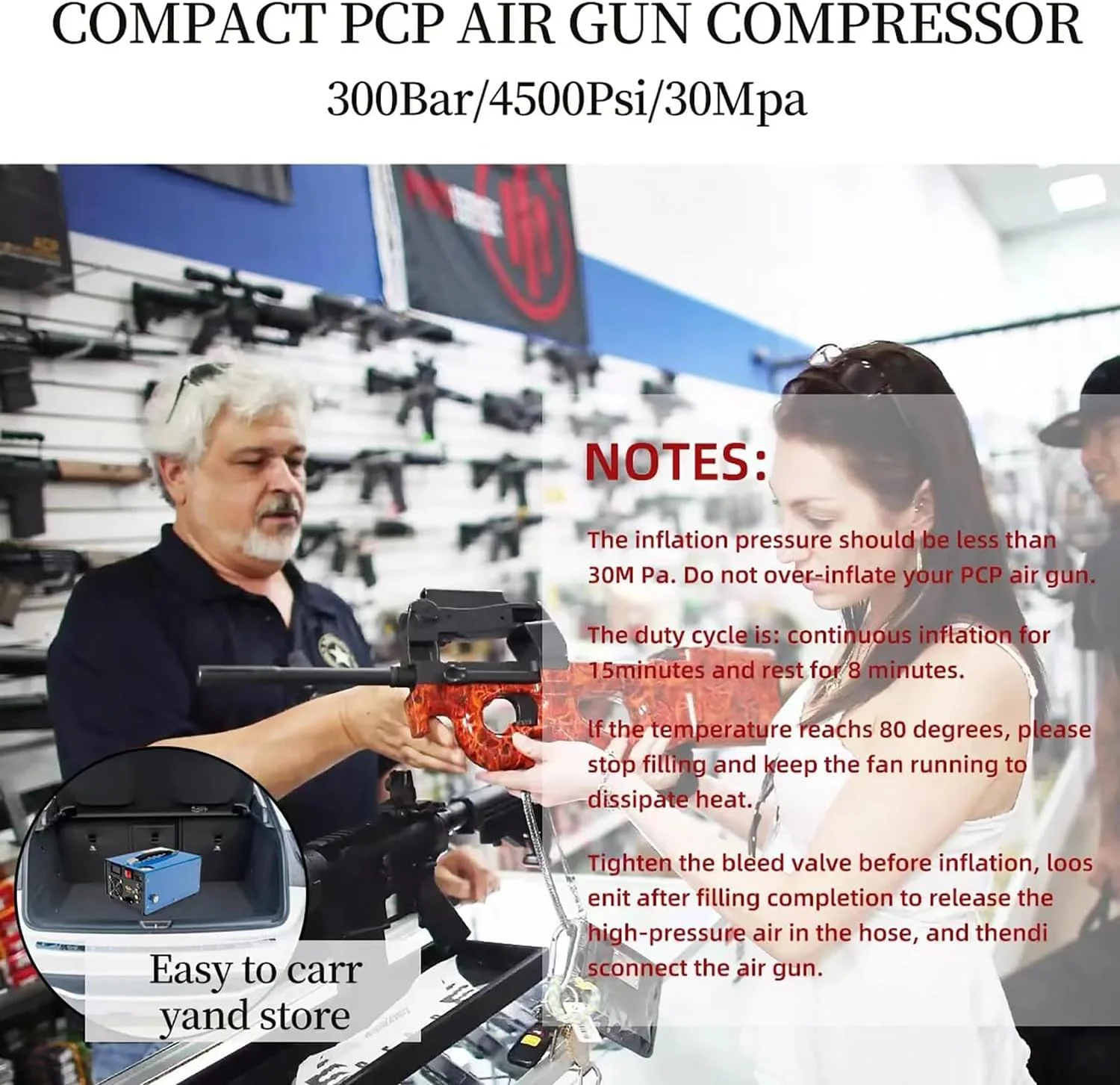 کمپرسور هوا، کمپرسور هوای قابل حمل PCP با فشار 4500 PSI به همراه مبدل برق و فیلتر رطوبت روغن، پمپ هوای سریع برای تفنگ بادی، تپانچه و مخزن پینت بال با آداپتور برق خارجی