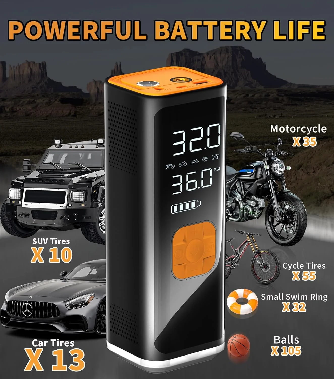 کمپرسور هوای قابل حمل برای باد کردن تایر، پمپ هوای 12 ولت DC برای تایرهای خودرو، کمپرسور هوای قابل حمل 150PSI با فشارسنج/چراغ LED، کمپرسور باد قابل حمل 20000MAH برای خودرو، موتور، دوچرخه، توپ