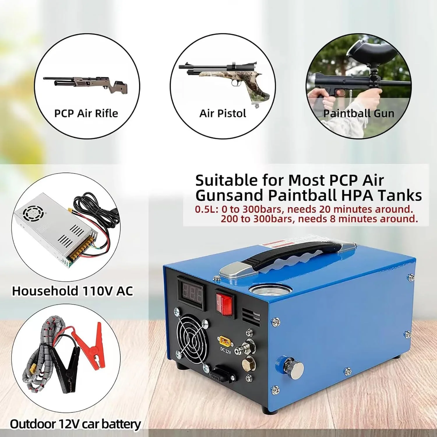 کمپرسور هوا، کمپرسور هوای قابل حمل PCP با فشار 4500 PSI به همراه مبدل برق و فیلتر رطوبت روغن، پمپ هوای سریع برای تفنگ بادی، تپانچه و مخزن پینت بال با آداپتور برق خارجی