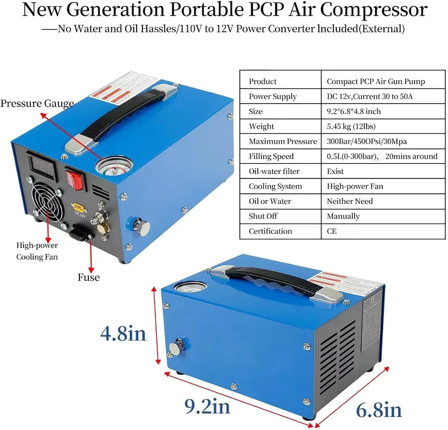 کمپرسور هوا، کمپرسور هوای قابل حمل PCP با فشار 4500 PSI به همراه مبدل برق و فیلتر رطوبت روغن، پمپ هوای سریع برای تفنگ بادی، تپانچه و مخزن پینت بال با آداپتور برق خارجی