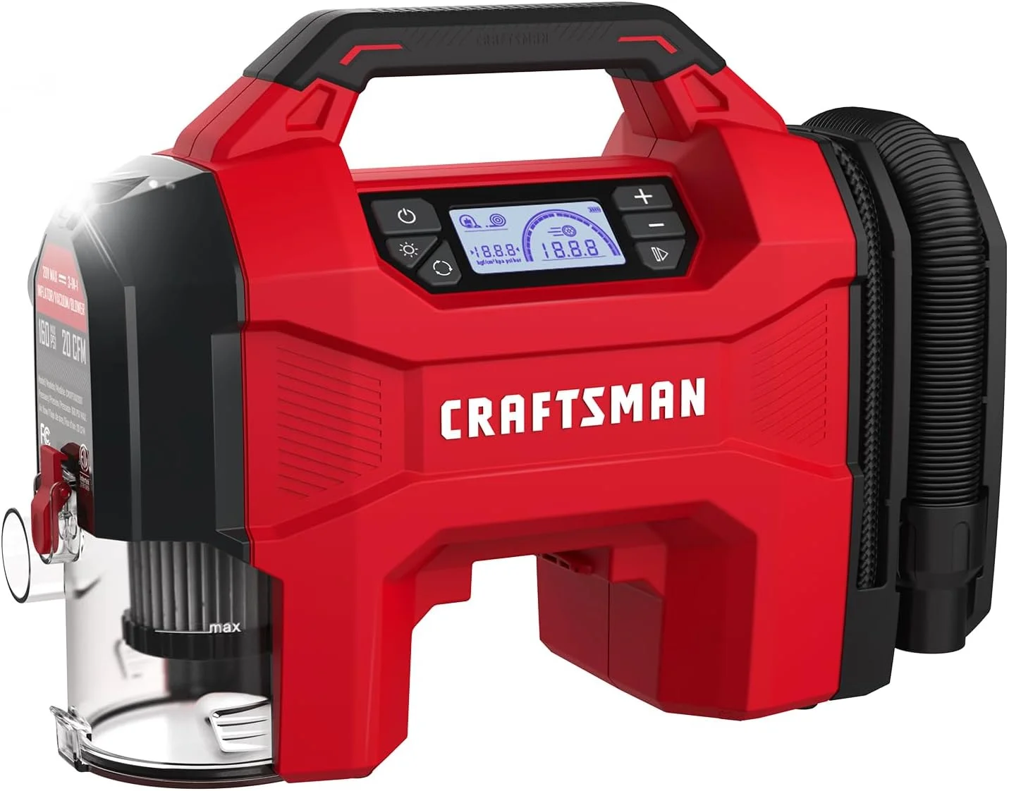 پمپ باد ۳ در ۱ CRAFTSMAN، کمپرسور هوای قابل حمل ۱۶۰ PSI / جاروبرقی خودرو / دمنده گرد و غبار، ۲۰ ولت بی سیم و ۱۲ ولت برق خودرو، پمپ هوا با چراغ LED برای لاستیک خودرو، کامیون و RV (باتری جداگانه به فروش می رسد)