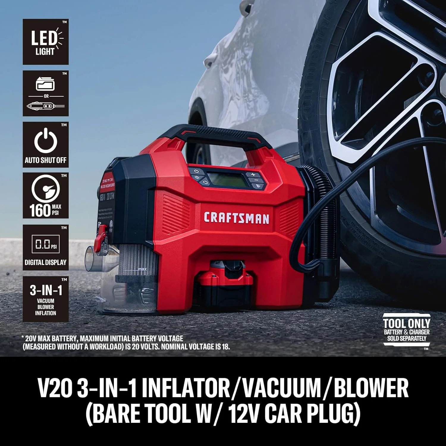 پمپ باد ۳ در ۱ CRAFTSMAN، کمپرسور هوای قابل حمل ۱۶۰ PSI / جاروبرقی خودرو / دمنده گرد و غبار، ۲۰ ولت بی سیم و ۱۲ ولت برق خودرو، پمپ هوا با چراغ LED برای لاستیک خودرو، کامیون و RV (باتری جداگانه به فروش می رسد)