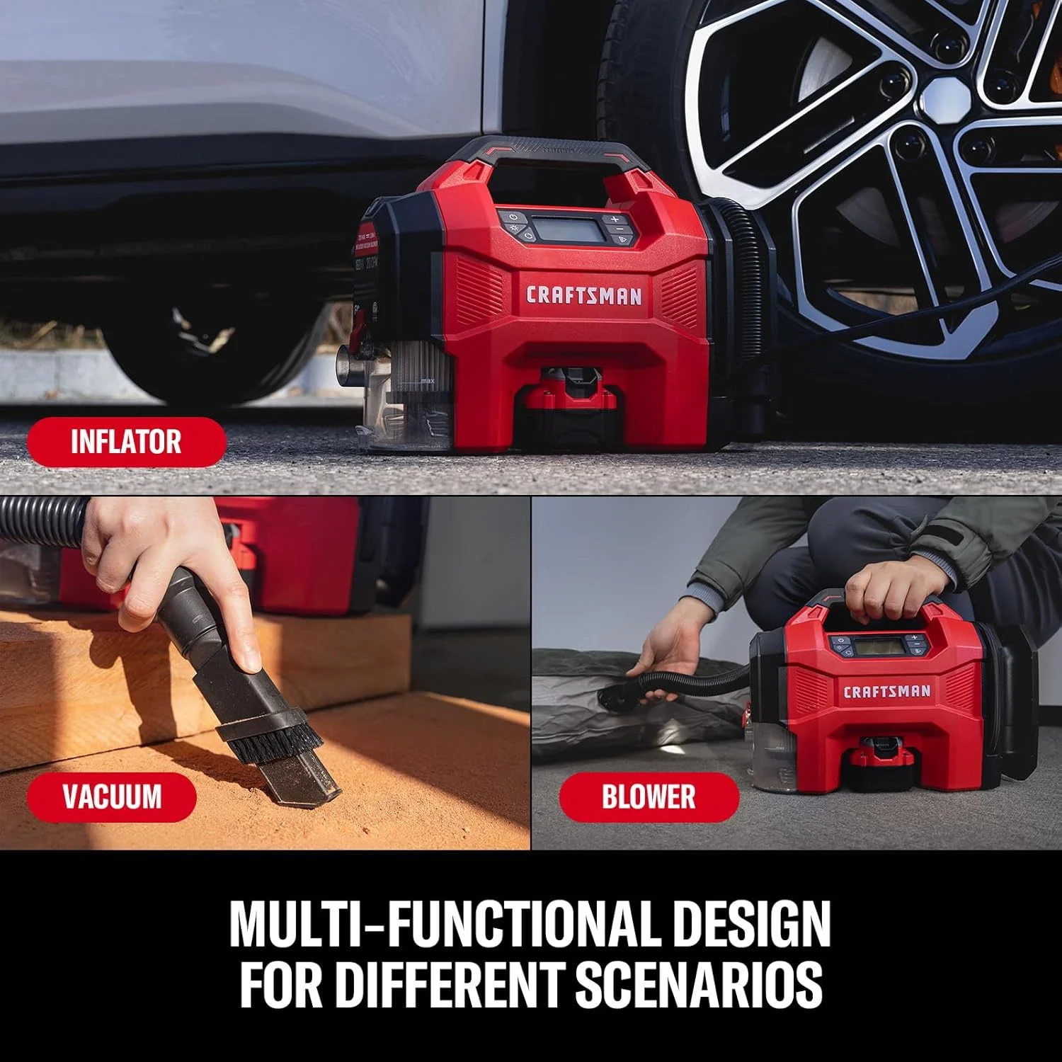 پمپ باد ۳ در ۱ CRAFTSMAN، کمپرسور هوای قابل حمل ۱۶۰ PSI / جاروبرقی خودرو / دمنده گرد و غبار، ۲۰ ولت بی سیم و ۱۲ ولت برق خودرو، پمپ هوا با چراغ LED برای لاستیک خودرو، کامیون و RV (باتری جداگانه به فروش می رسد)