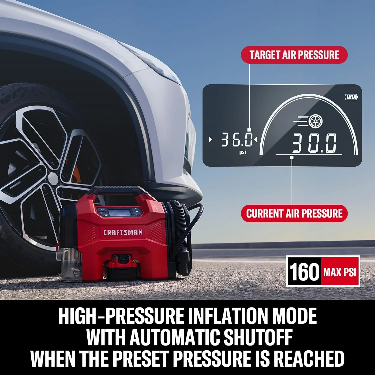 پمپ باد ۳ در ۱ CRAFTSMAN، کمپرسور هوای قابل حمل ۱۶۰ PSI / جاروبرقی خودرو / دمنده گرد و غبار، ۲۰ ولت بی سیم و ۱۲ ولت برق خودرو، پمپ هوا با چراغ LED برای لاستیک خودرو، کامیون و RV (باتری جداگانه به فروش می رسد)