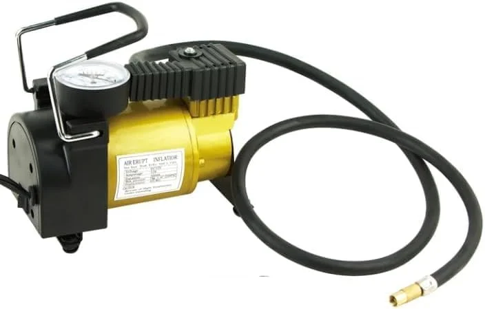 کمپرسور هوای قابل حمل، 12 ولت DC، ساختار فلزی مقاوم با فشارسنج، زرد و مشکی