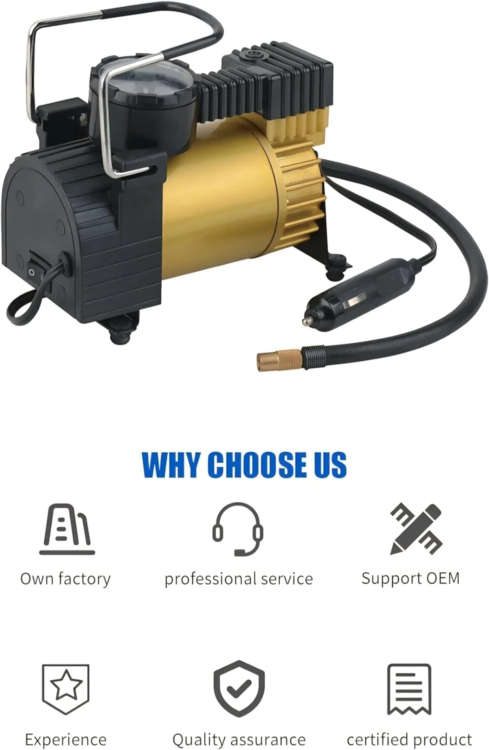 کمپرسور هوای قابل حمل، 12 ولت DC، ساختار فلزی مقاوم با فشارسنج، زرد و مشکی