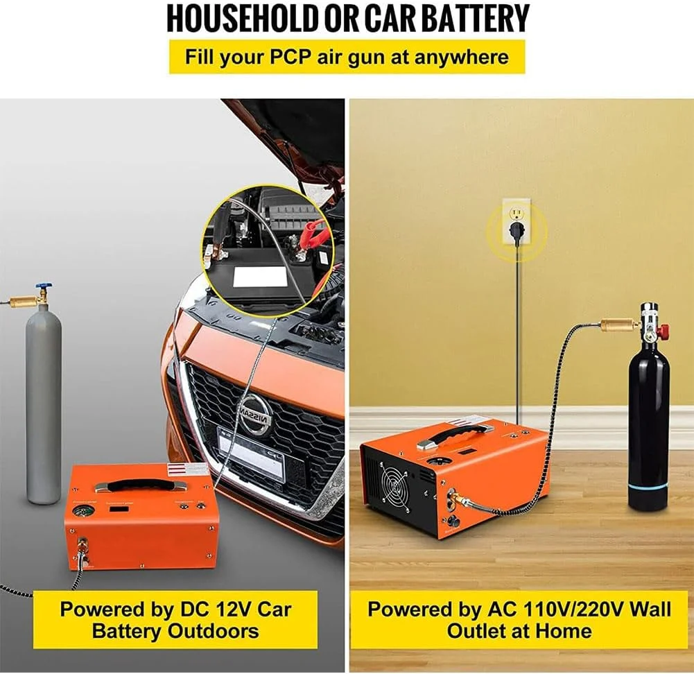 کمپرسور هوای قابل حمل QUTBAG، 4500 PSI/300 BAR/30 MPA PCP، توقف خودکار نشانگر فشار، دارای فن داخلی با قابلیت کارکرد با برق 12 ولت DC خودرو یا برق 110 ولت - 240 ولت AC منزل