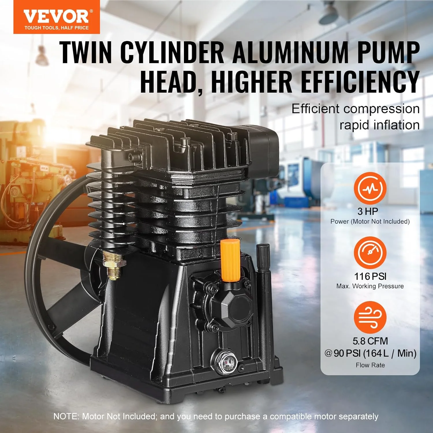 سر پمپ کمپرسور هوا VEVOR، 3 اسب بخار 5.8 CFM @ 90 PSI پمپ پیستونی کمپرسور هوا روغن کاری شده با دو سیلندر، جایگزین تک مرحله ای برای پمپ کمپرسور هوای آلومینیومی