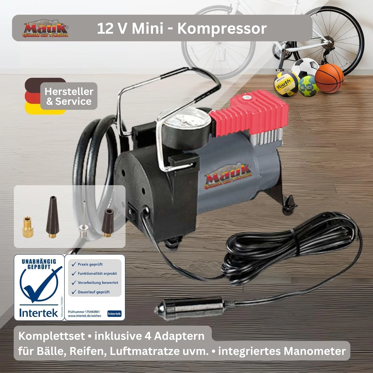 کمپرسور خودرو MAUK® 12 ولت 10 بار با فشارسنج، اتصال از طریق فندکی خودرو به همراه 4 آداپتور