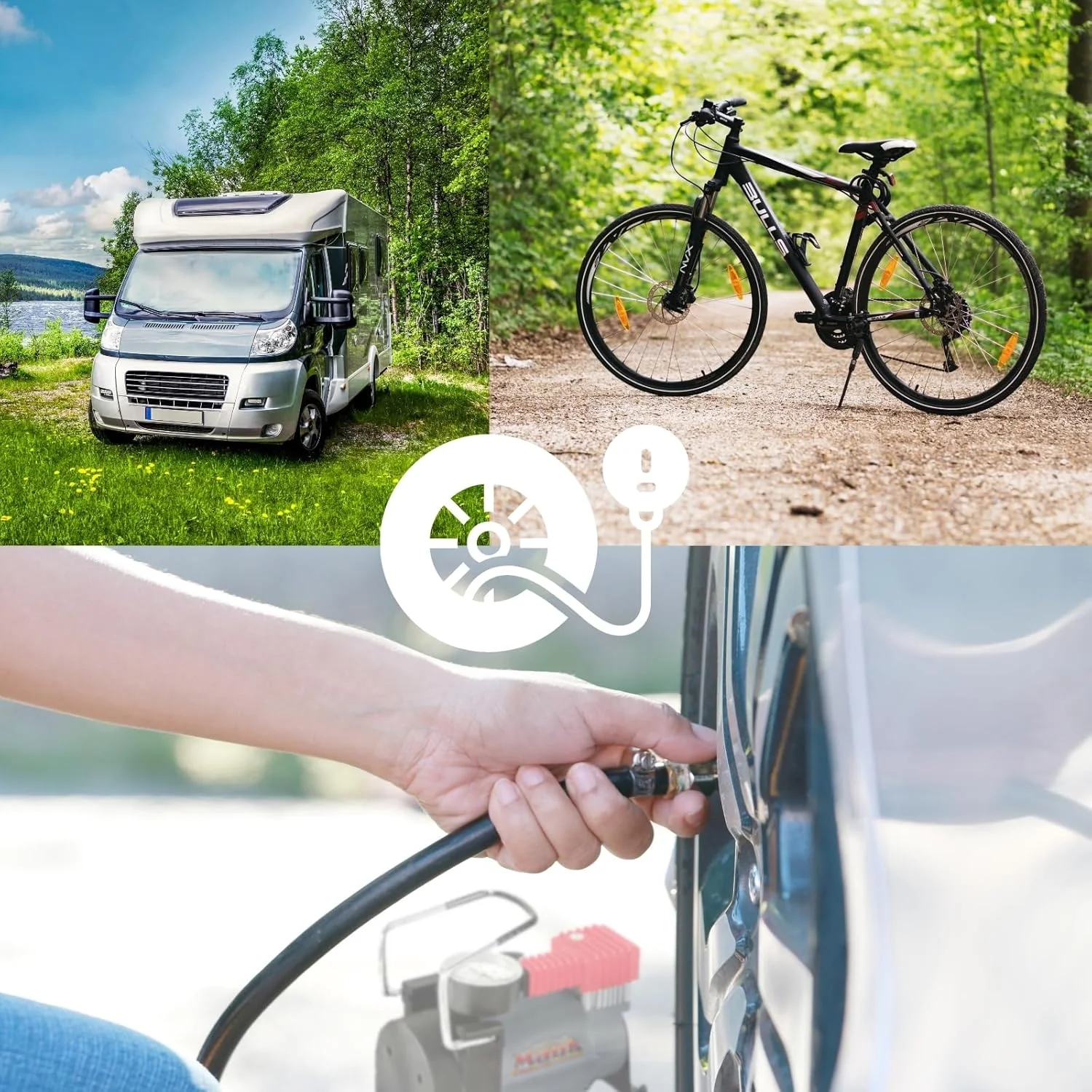 کمپرسور خودرو MAUK® 12 ولت 10 بار با فشارسنج، اتصال از طریق فندکی خودرو به همراه 4 آداپتور