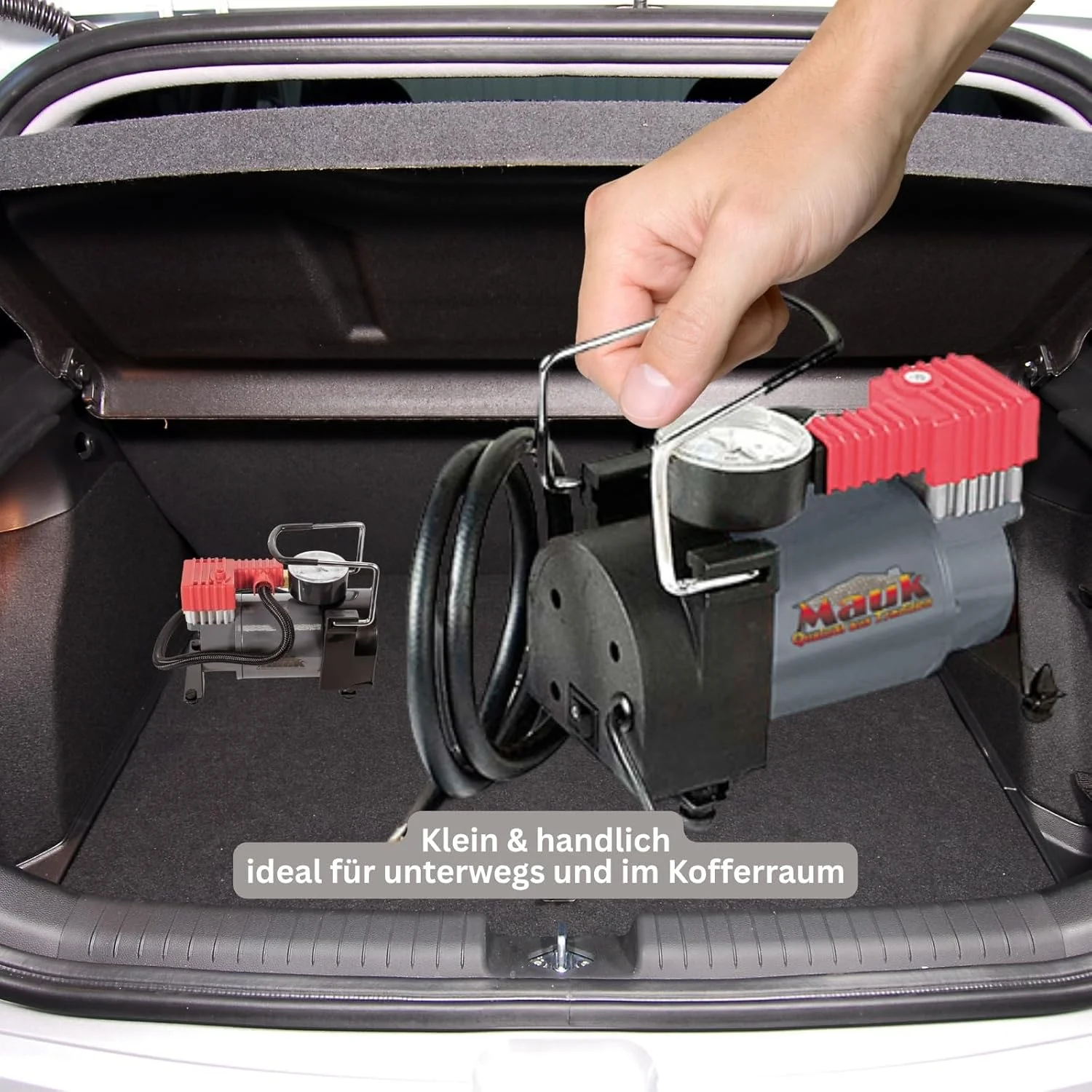 کمپرسور خودرو MAUK® 12 ولت 10 بار با فشارسنج، اتصال از طریق فندکی خودرو به همراه 4 آداپتور