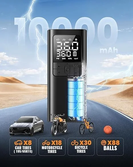 کمپرسور باد قابل حمل، پمپ باد اتوماتیک 150PSI برای لاستیک خودرو، پمپ لاستیک برقی 12 ولت DC با فشارسنج دیجیتال و چراغ قوه LED برای دوچرخه، موتور سیکلت، تجهیزات ورزشی