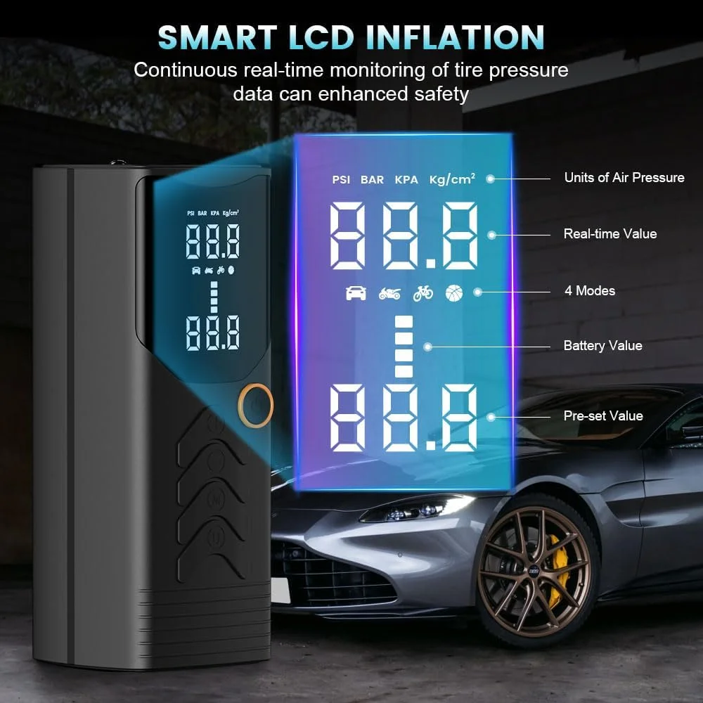 کمپرسور باد قابل حمل برای تایر، پمپ باد قابل حمل 150PSI برای تایرهای خودرو با گیج فشار تایر، پمپ باد برای خودرو، موتورسیکلت، دوچرخه و غیره