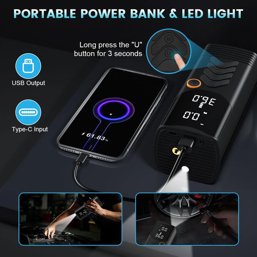 کمپرسور باد قابل حمل برای تایر، پمپ باد قابل حمل 150PSI برای تایرهای خودرو با گیج فشار تایر، پمپ باد برای خودرو، موتورسیکلت، دوچرخه و غیره