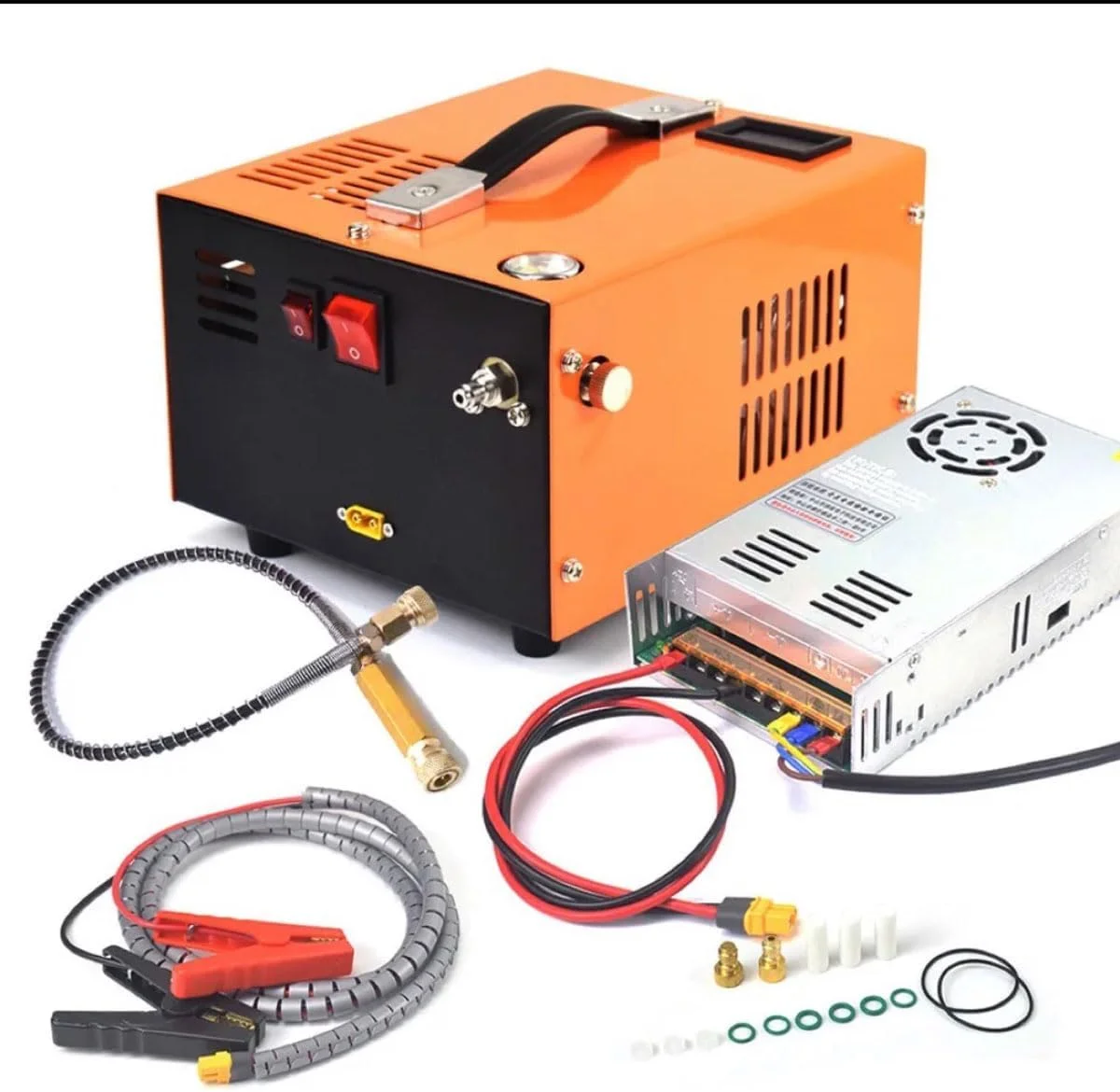 کمپرسور هوای PCP با فشار 4500Psi/30Mpa، کمپرسور تفنگ بادی قابل حمل به همراه لوازم جانبی، 12 ولت DC و 110 ولت/220 ولت AC با آداپتور برق، خنک شونده با فن، پمپ هوای خارجی 300 بار برای پینت بال و تفنگ بادی