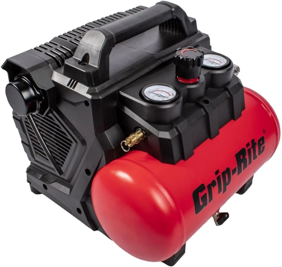 کمپرسور قابل حمل فوق العاده بی صدای Grip-Rite GR200QW، 1.5 گالن، 1 اسب بخار، حداکثر 125 PSI، بدون روغن، الکتریکی کمپرسور قابل حمل فوق العاده بی صدای Grip-Rite GR200QW، 1.5 گالن، 1 اسب بخار، حداکثر 125 PSI، بدون روغن، الکتریکی
