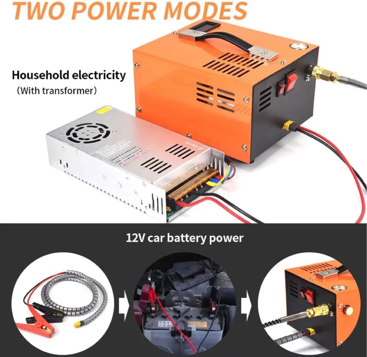 کمپرسور هوای PCP با فشار 4500Psi/30Mpa، کمپرسور تفنگ بادی قابل حمل به همراه لوازم جانبی، 12 ولت DC و 110 ولت/220 ولت AC با آداپتور برق، خنک شونده با فن، پمپ هوای خارجی 300 بار برای پینت بال و تفنگ بادی