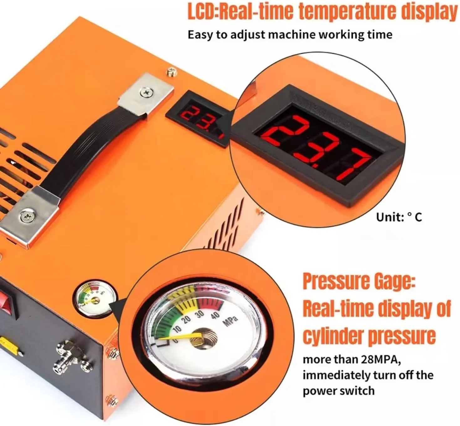 کمپرسور هوای PCP جُسبی، 30 مگاپاسکال 4500psi پمپ فشار قوی قابل حمل با خنک کننده فن بدون روغن، با منبع تغذیه، با برق 12 ولت DC خودرو یا 110 ولت - 240 ولت AC خانگی