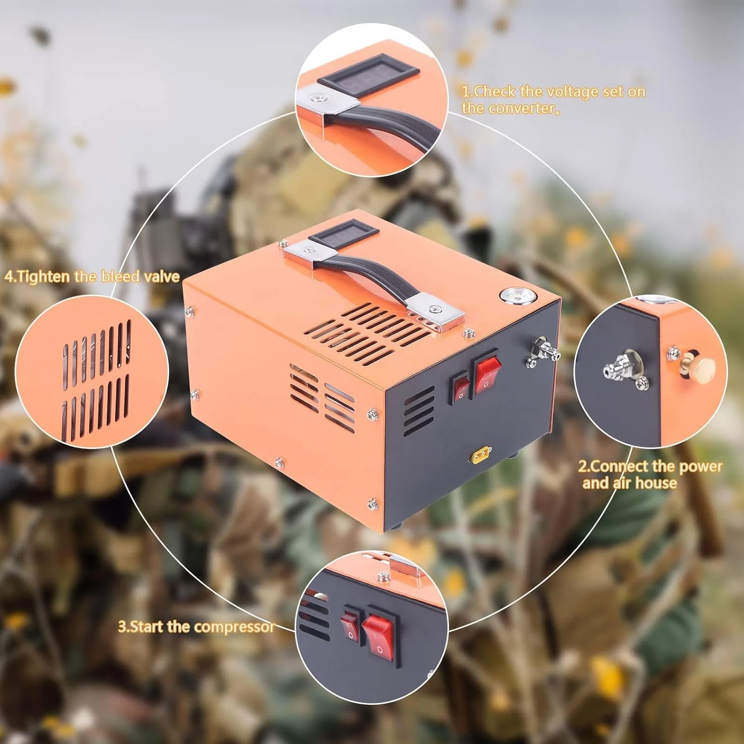 کمپرسور هوای PCP، 4500Psi 300Bar 12V پمپ فشار قوی PCP با خاموش شدن خودکار /220V/12V کمپرسور هوای قابل حمل Pcp