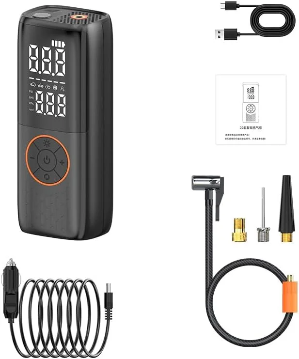 کمپرسور هوای قابل حمل، کمپرسور هوا برای لاستیک خودرو، موتورسیکلت، دوچرخه، پمپ باد 6000 میلی آمپر ساعتی با فشارسنج دیجیتال، فشارسنج لاستیک بی سیم با چراغ LED