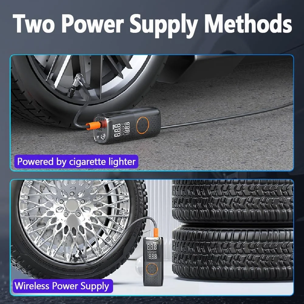کمپرسور هوای قابل حمل، کمپرسور هوا برای لاستیک خودرو، موتورسیکلت، دوچرخه، پمپ باد 6000 میلی آمپر ساعتی با فشارسنج دیجیتال، فشارسنج لاستیک بی سیم با چراغ LED