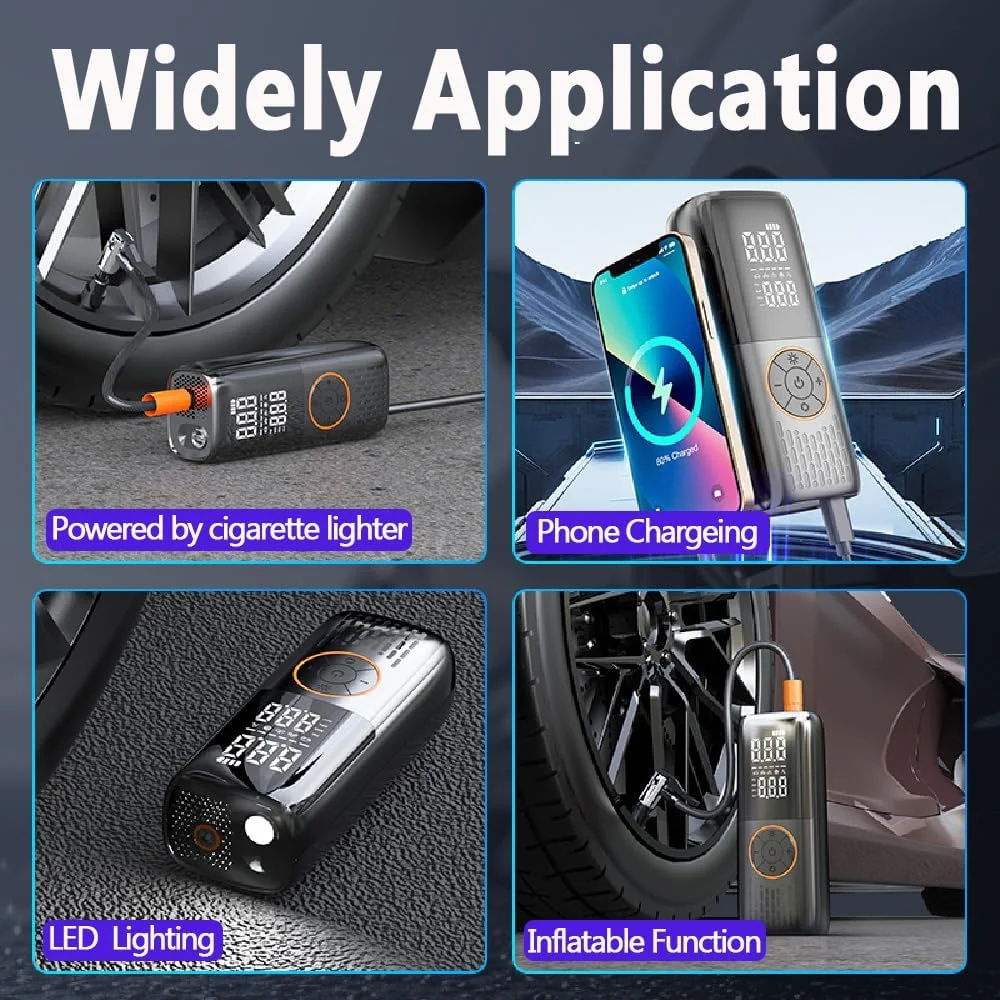 کمپرسور هوای قابل حمل، کمپرسور هوا برای لاستیک خودرو، موتورسیکلت، دوچرخه، پمپ باد 6000 میلی آمپر ساعتی با فشارسنج دیجیتال، فشارسنج لاستیک بی سیم با چراغ LED