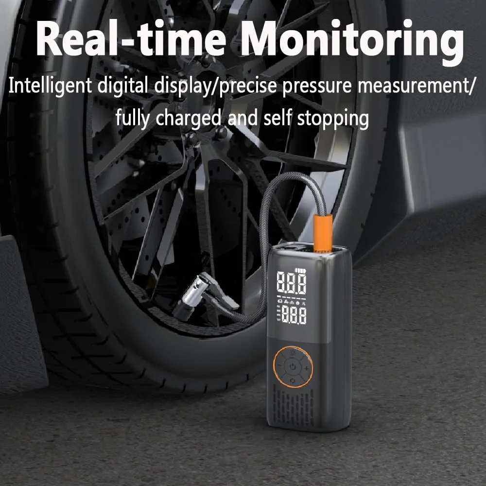 کمپرسور هوای قابل حمل، کمپرسور هوا برای لاستیک خودرو، موتورسیکلت، دوچرخه، پمپ باد 6000 میلی آمپر ساعتی با فشارسنج دیجیتال، فشارسنج لاستیک بی سیم با چراغ LED