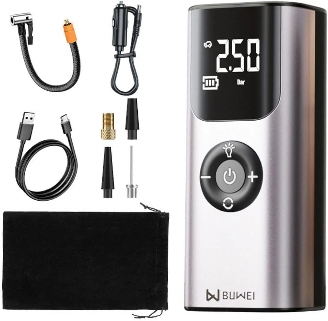 پمپ باد قابل حمل برای خودرو، دوچرخه، موتورسیکلت، توپ و وسایل بادی به همراه فشارسنج و کیف نگهداری (نقره ای)