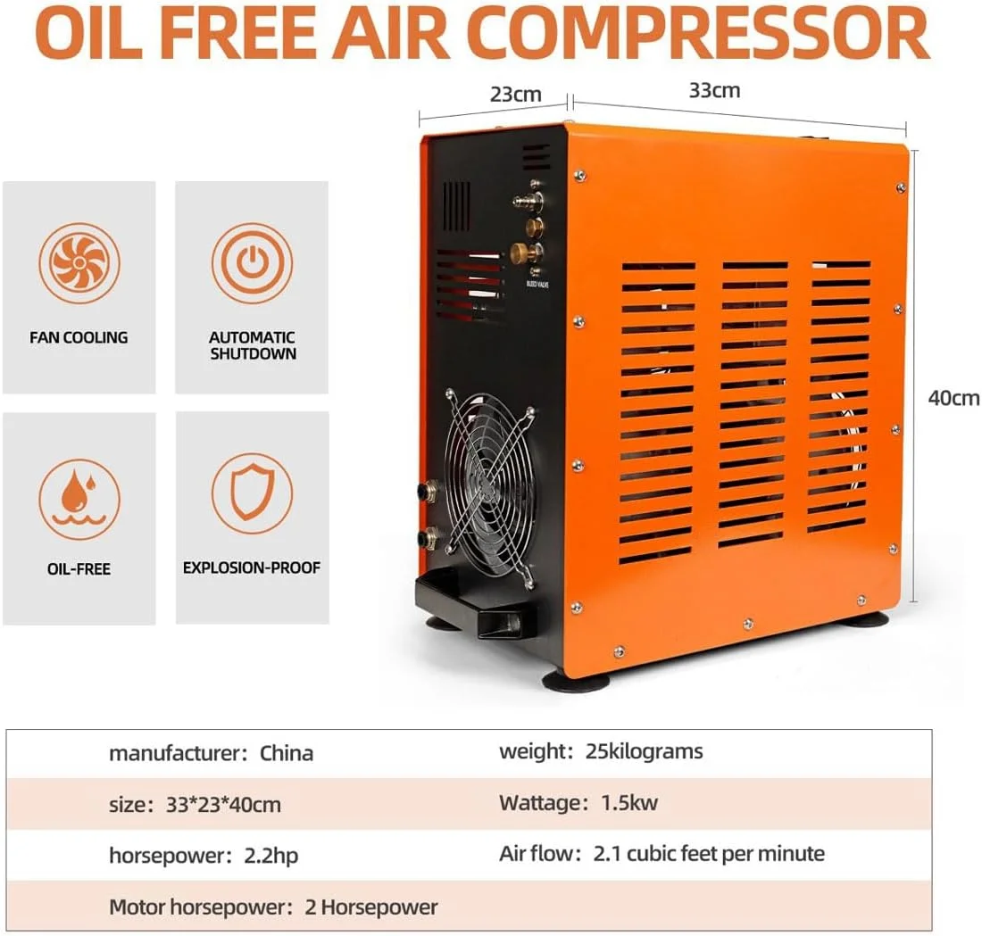 کمپرسور هوای قابل حمل PCP، 4500Psi/30Mpa، سیلندر دوقلو بی صدا، گاز فشار قوی با آداپتور برق، خنک کننده فن، پمپ هوای خارجی بدون آب/روغن برای پینت بال و تفنگ بادی