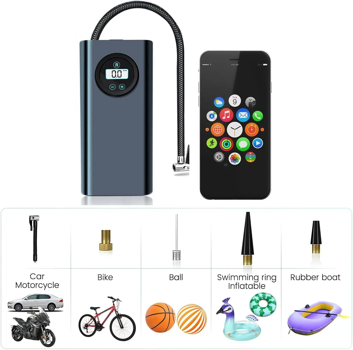 پمپ باد قابل حمل - کمپرسور هوا برای لاستیک خودرو با فشارسنج دیجیتال (120 PSI) - کمپرسور هوا برای خودرو، موتورسیکلت، پمپ باد دوچرخه برقی، لاستیک های شنا، دوچرخه و توپ