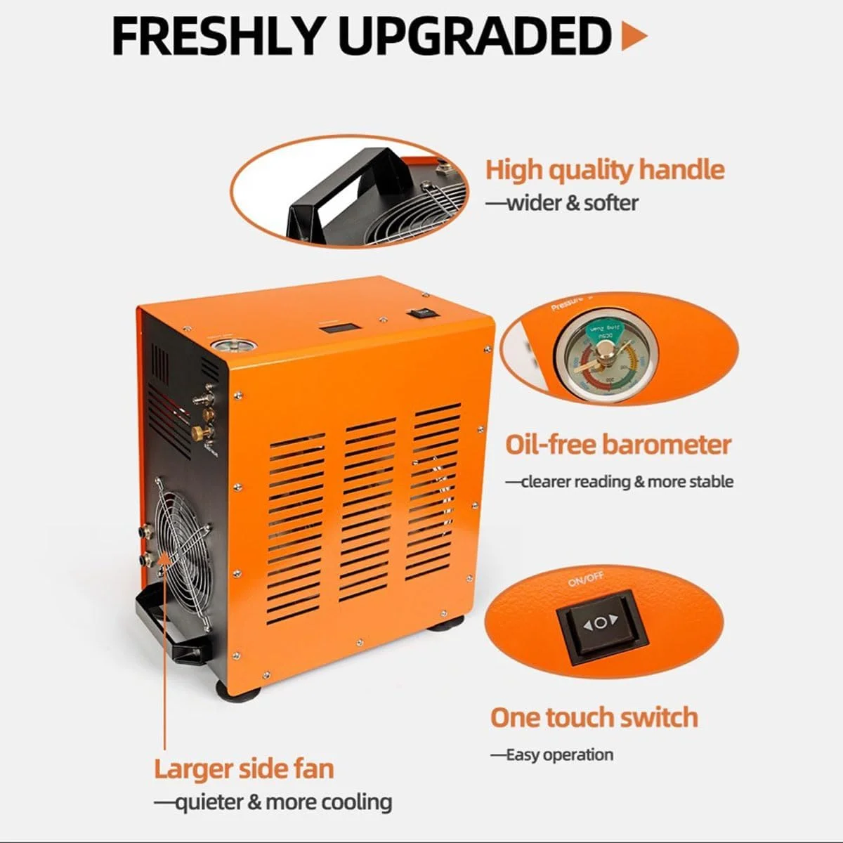 کمپرسور هوای قابل حمل PCP، 4500Psi/30Mpa، سیلندر دوقلو بی صدا، گاز فشار قوی با آداپتور برق، خنک کننده فن، پمپ هوای خارجی بدون آب/روغن برای پینت بال و تفنگ بادی