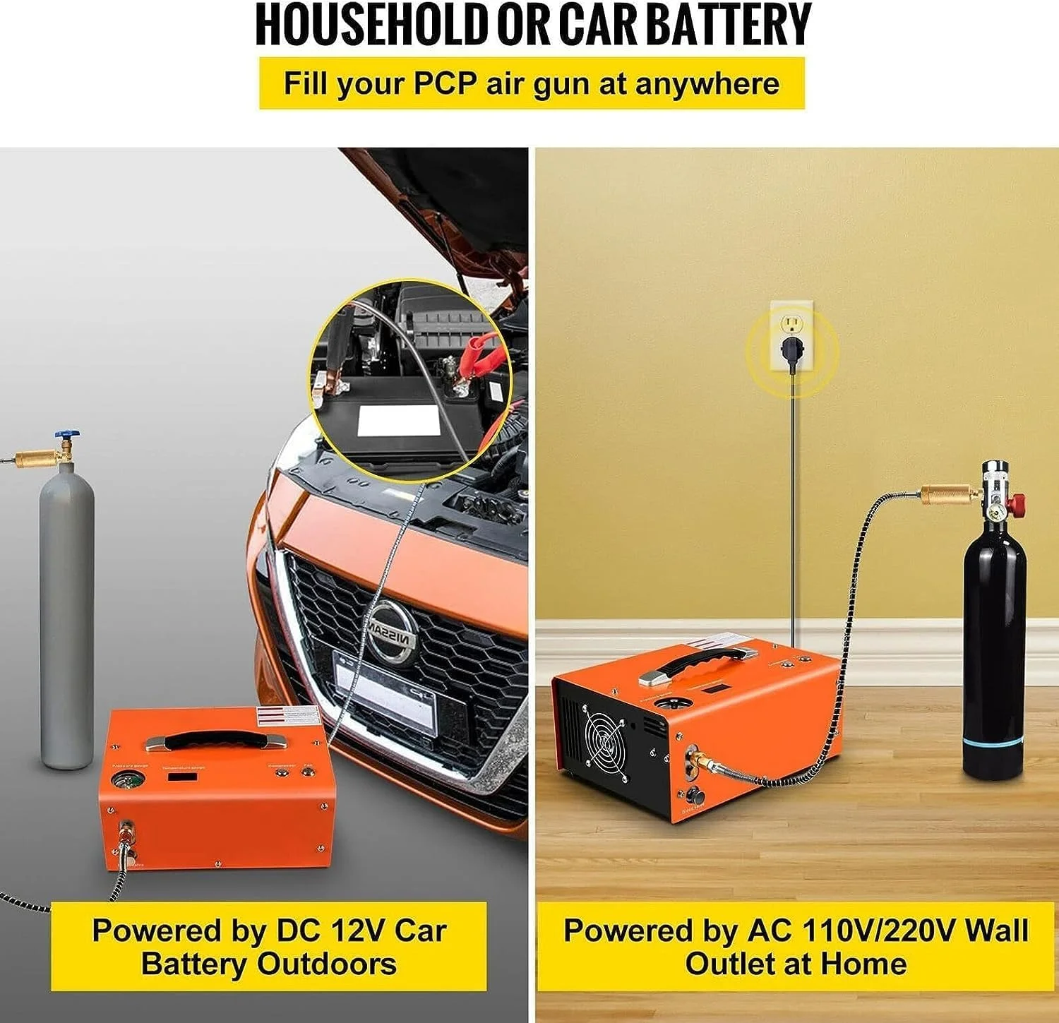 کمپرسور هوای PCP، 300 بار 4500psi پمپ فشار قوی قابل حمل، تفنگ بادی، تفنگ بادی پنوماتیک، تغذیه شده توسط ماشین 12 ولت DC یا خانه 110 ولت-240 ولت AC