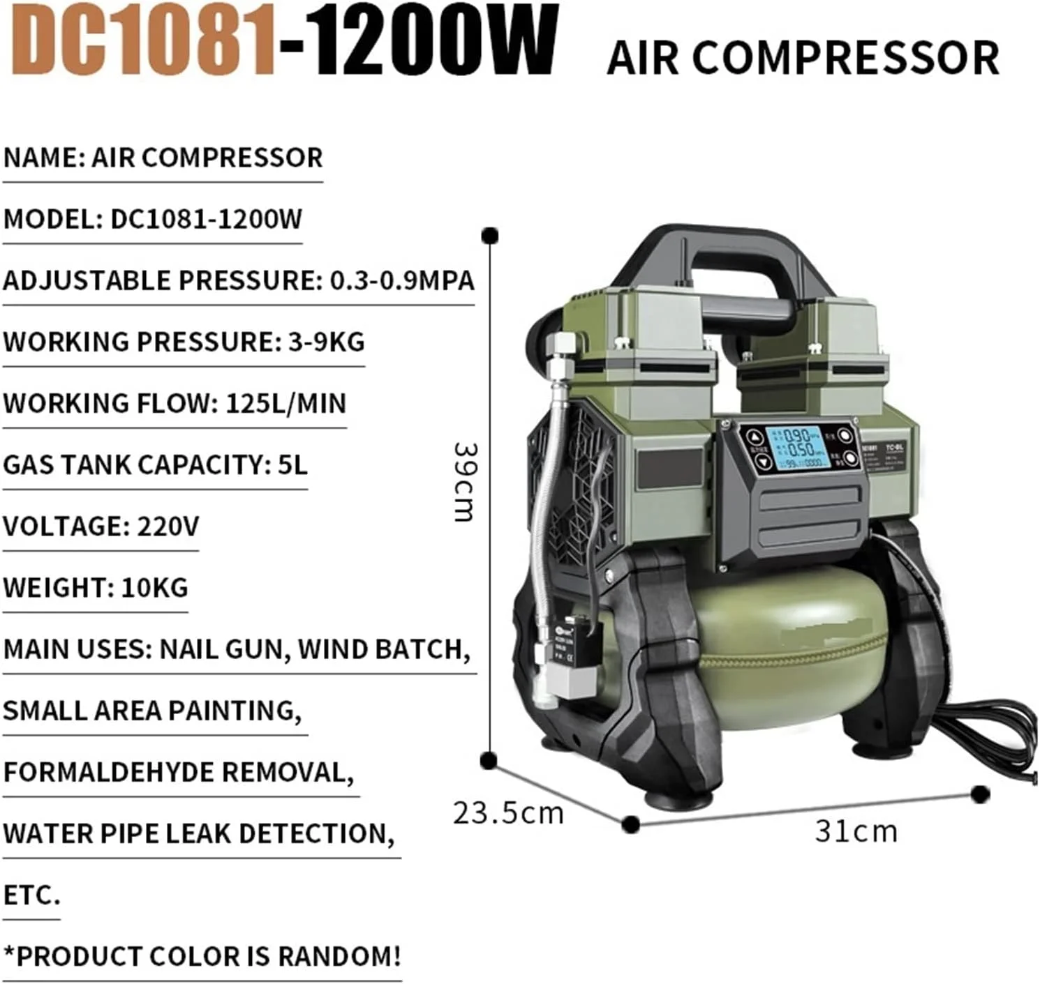 کمپرسور هوای فرکانس متغیر DESONIX، کمپرسور هوای کوچک قابل حمل بدون روغن، بی صدا، مناسب برای نجاری، نقاشی و کمپرسور هوای فشار قوی (رنگ: Dc1081-1200w با LCD، سایز: نوع)