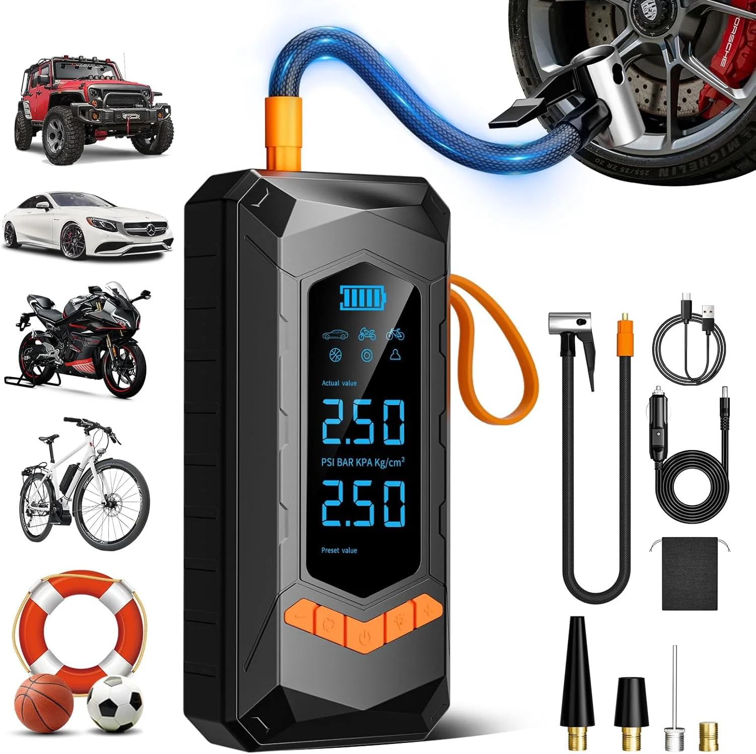 پمپ باد شارژی قابل حمل ایمو، پمپ باد قابل شارژ 180 PSI با گیج فشار دیجیتال برای ماشین، دوچرخه، موتور سیکلت، توپ و وسایل بادی