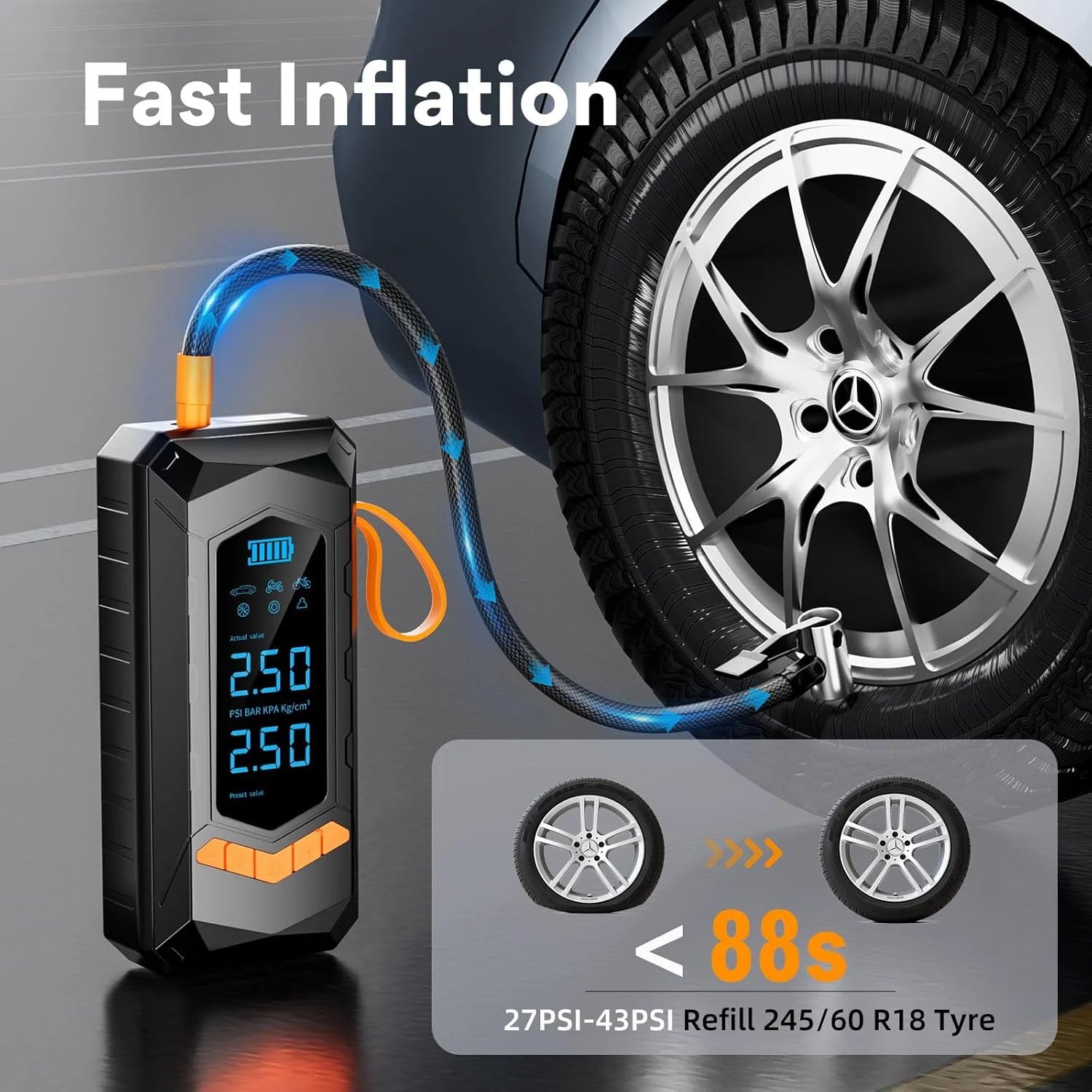 پمپ باد شارژی قابل حمل ایمو، پمپ باد قابل شارژ 180 PSI با گیج فشار دیجیتال برای ماشین، دوچرخه، موتور سیکلت، توپ و وسایل بادی