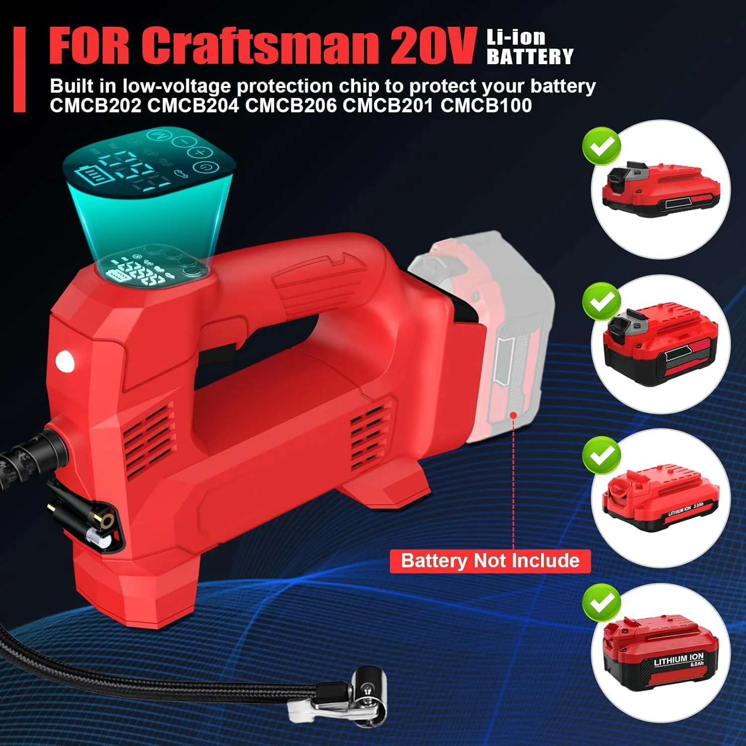 پمپ باد شارژی DEWDYS برای باتری 20 ولت Craftsman V20، پمپ هوای دستی قابل حمل با فشارسنج دیجیتال برای خودرو، موتورسیکلت، دوچرخه، توپ های ورزشی (باتری شامل نمی شود)