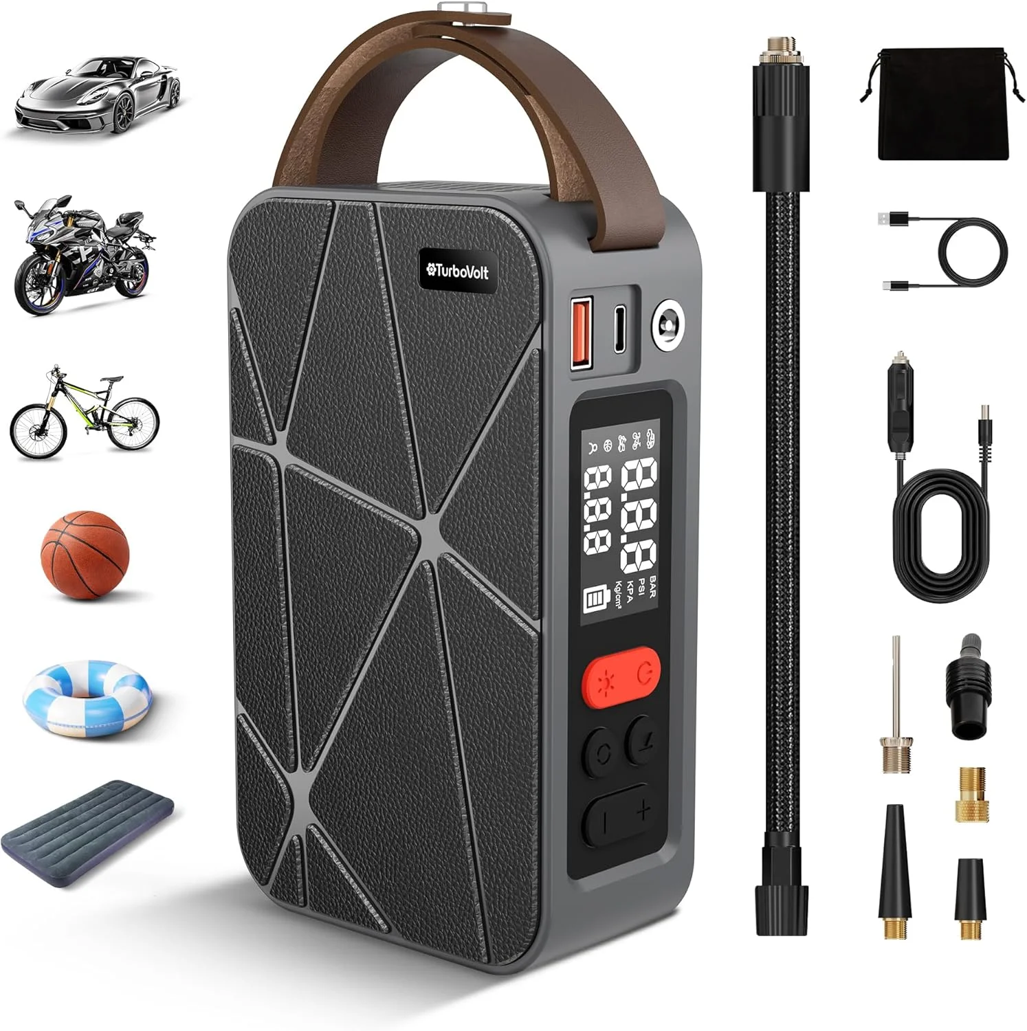 پمپ باد تایر TurboVolt، کمپرسور هوای قابل حمل 150 PSI برای باد کردن سریع تایر، پمپ باد تایر بی سیم با گیج نمایشگر دوگانه، ایده آل برای اتومبیل، SUV و موتور سیکلت