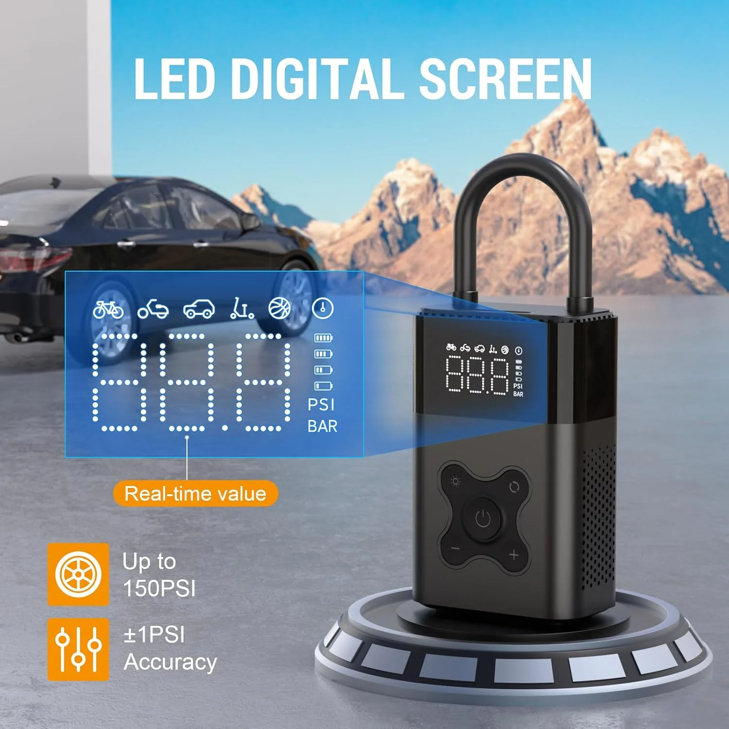 پمپ باد قابل حمل ZSX، کمپرسور هوا 150 PSI برای خودرو، پمپ برقی با درجه فشار دیجیتال، پمپ باد قابل حمل برای خودروهای جمع و جور، موتورسیکلت برقی، دوچرخه، مشکی
