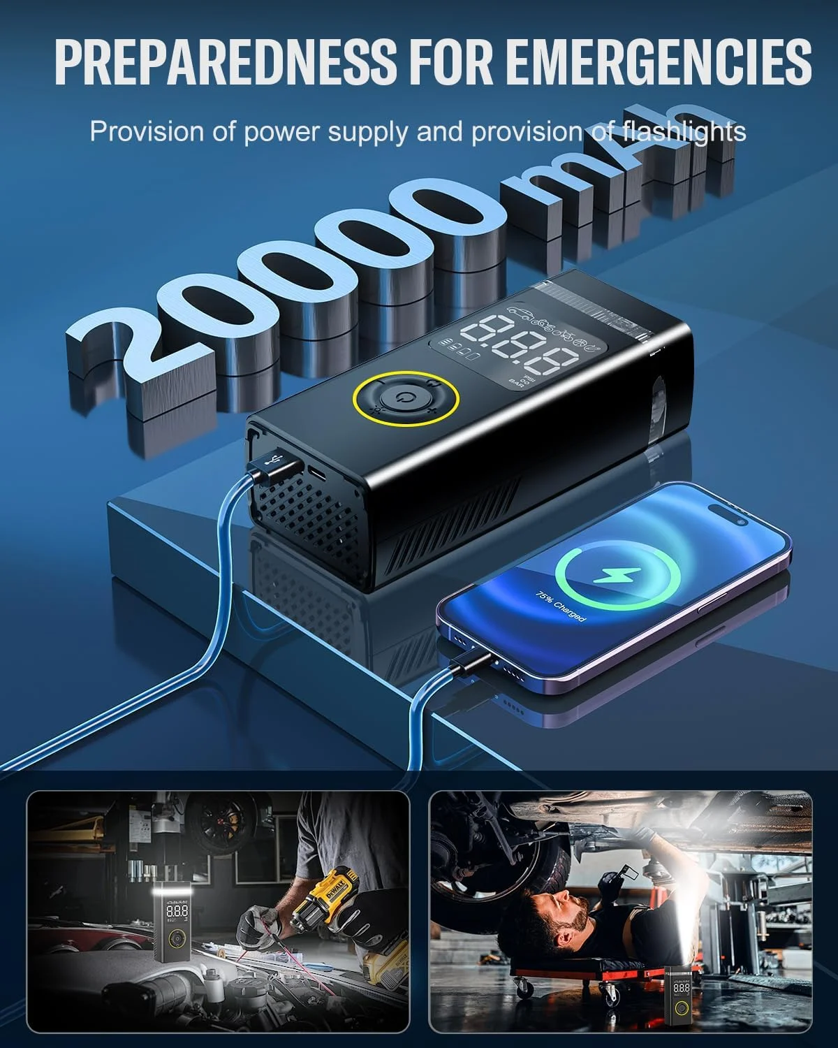 پمپ باد قابل حمل، کمپرسور هوا 180PSI 20000mAh برای خودرو، بی سیم با درجه فشار، 4 برابر تندتر با چراغ های دوتایی برای اتومبیل، دوچرخه، موتور سیکلت، توپ